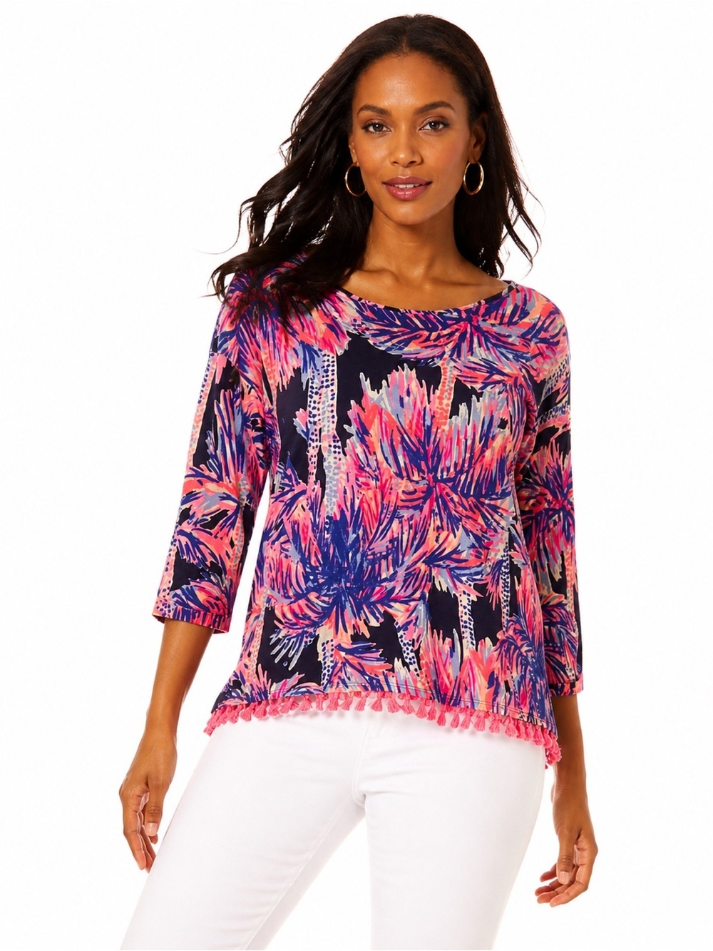 Lilly Pulitzer Mercer Top in Bright Navy Palms Up – Sz L - Picture 1 of 14